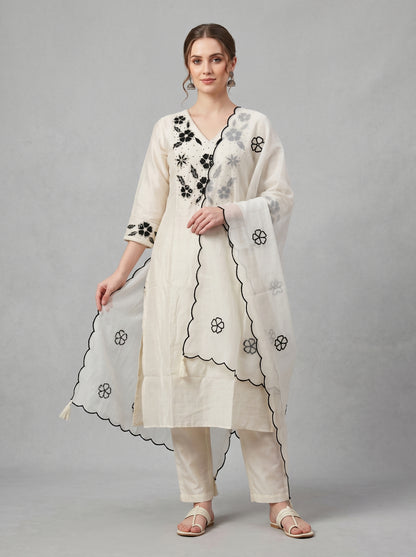 Cotton Embroidery Kurti Set 1017 White