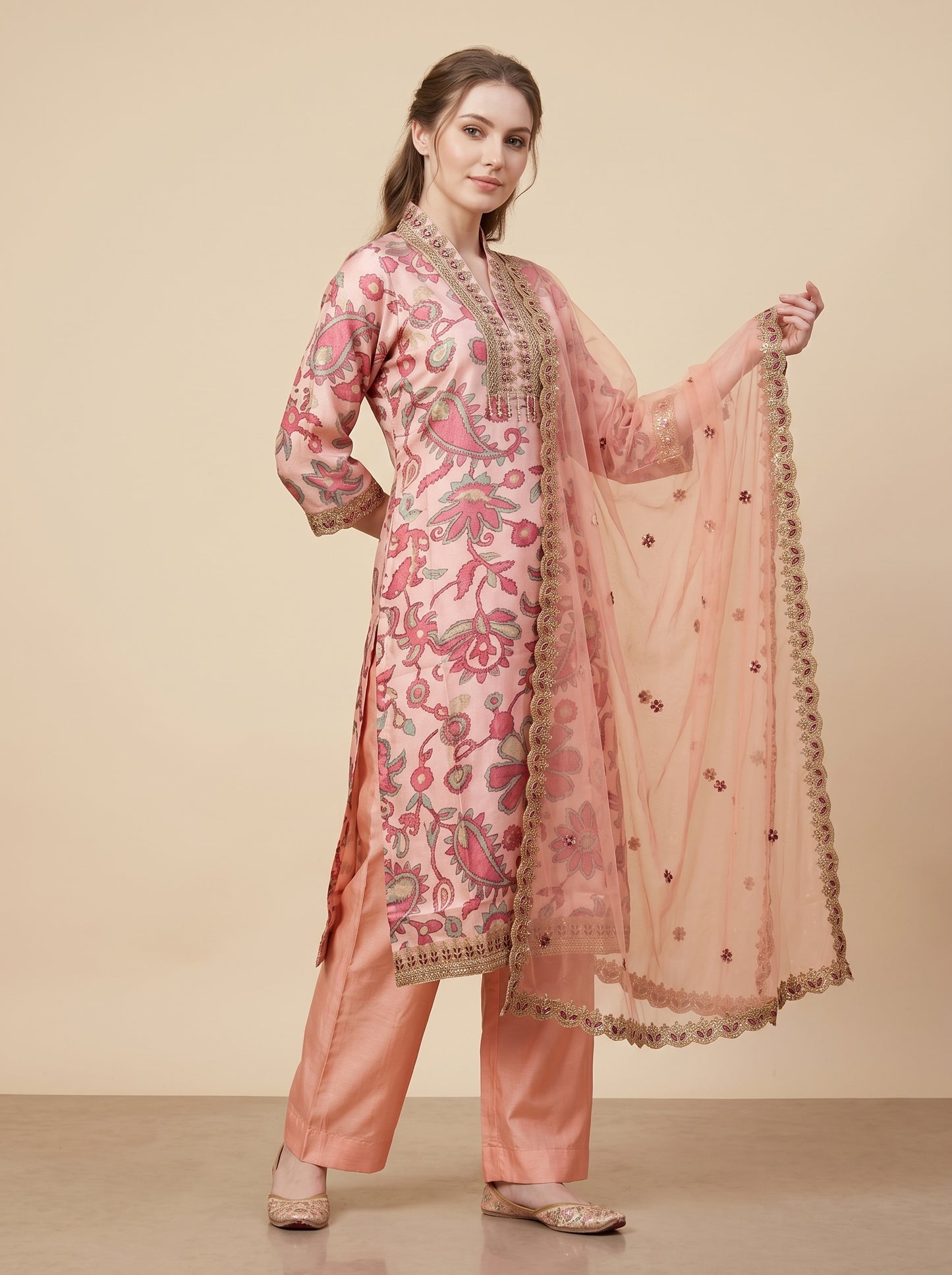 Organza Printed V-Neck Kurti set 1018 Pink