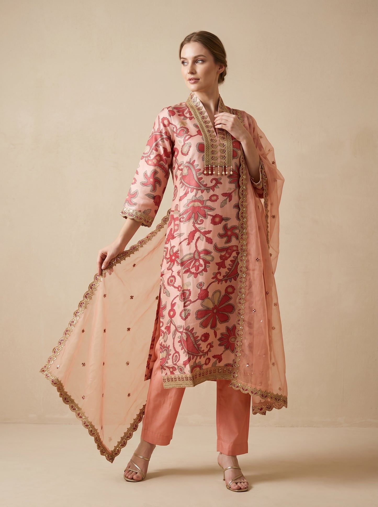Organza Printed V-Neck Kurti set 1018 Pink