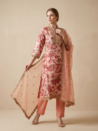Organza Printed V-Neck Kurti set 1018 Pink