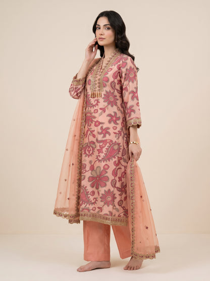 Organza Printed V-Neck Kurti set 1018 Pink