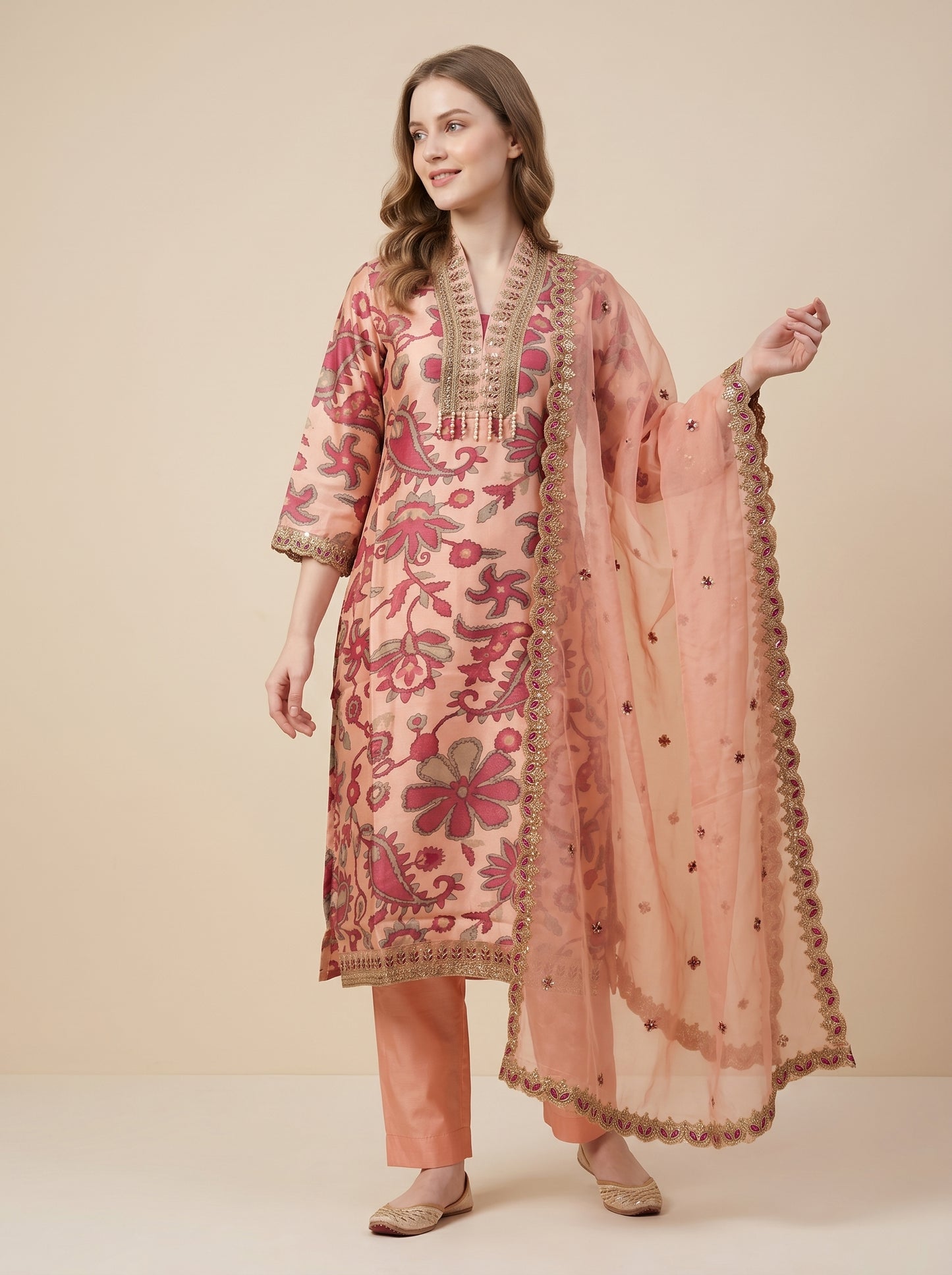 Organza Printed V-Neck Kurti set 1018 Pink
