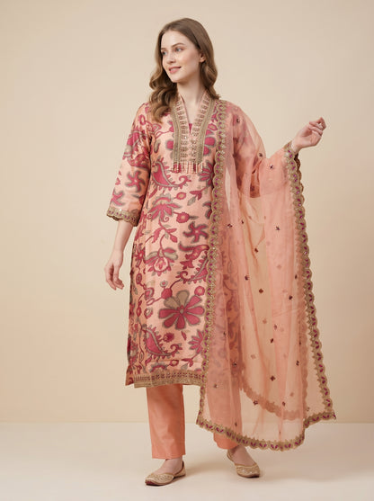 Organza Printed V-Neck Kurti set 1018 Pink