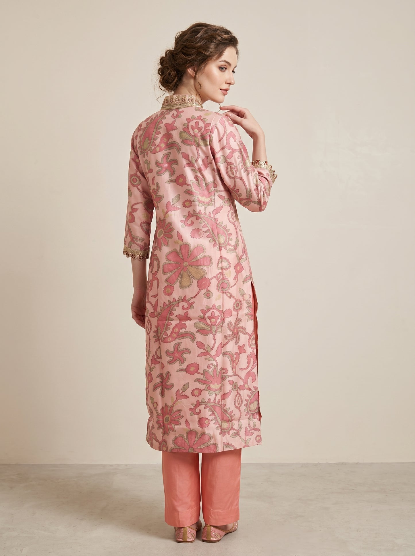 Organza Printed V-Neck Kurti set 1018 Pink