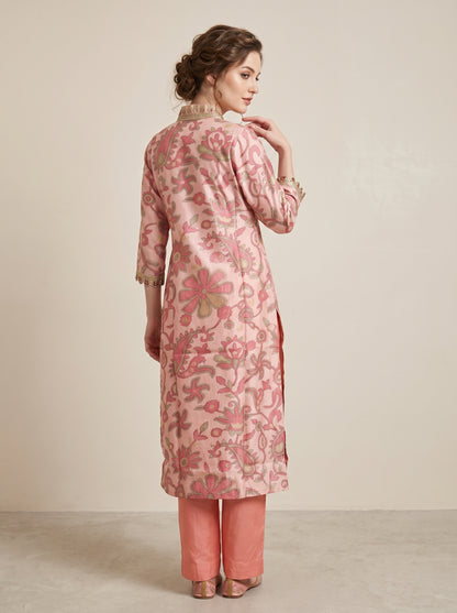 Organza Printed V-Neck Kurti set 1018 Pink