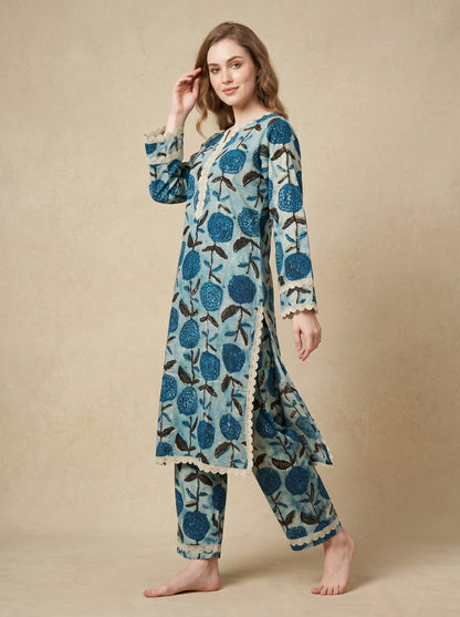 Cotton Printed Lace Work Kurti set 1025 Blue