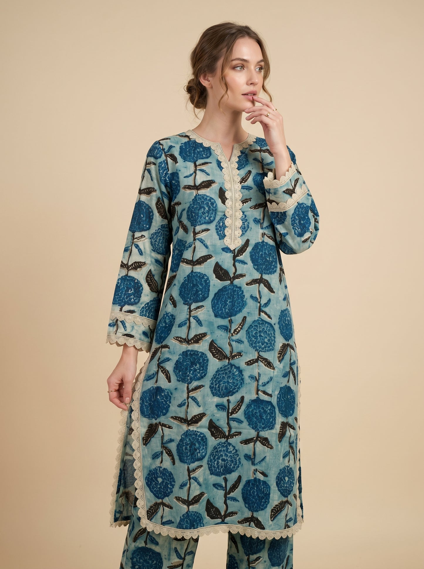 Cotton Printed Lace Work Kurti set 1025 Blue