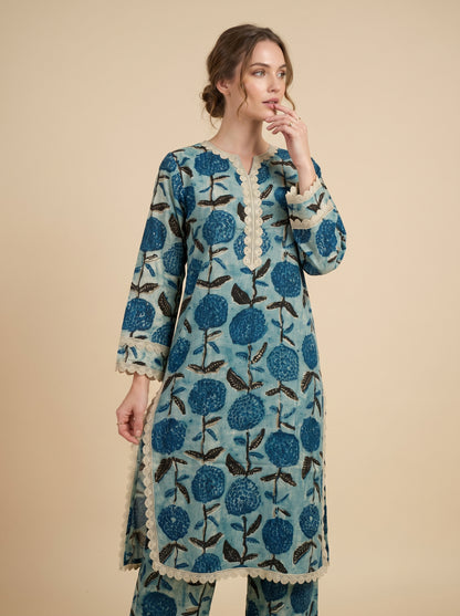 Cotton Printed Lace Work Kurti set 1025 Blue