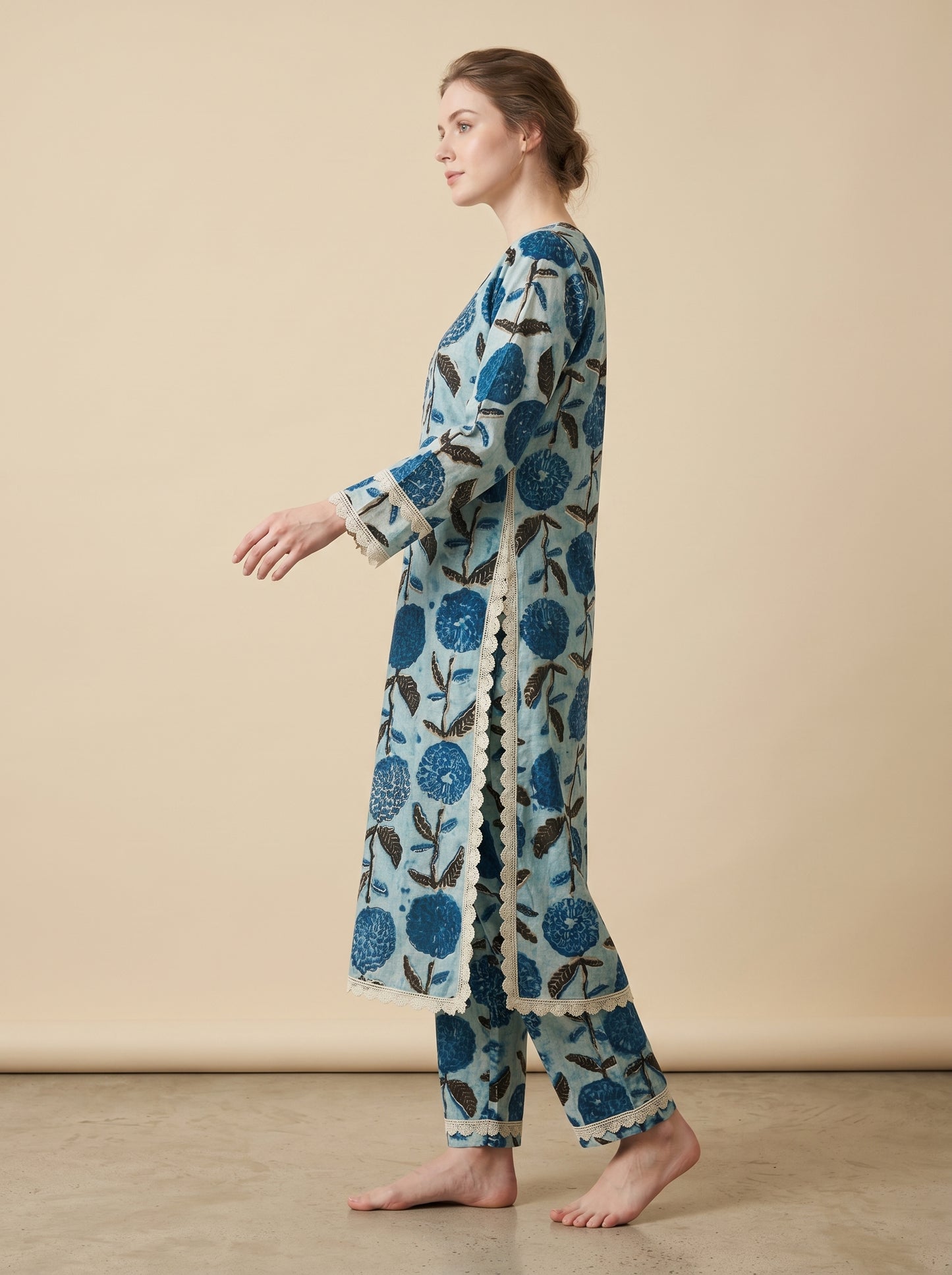Cotton Printed Lace Work Kurti set 1025 Blue