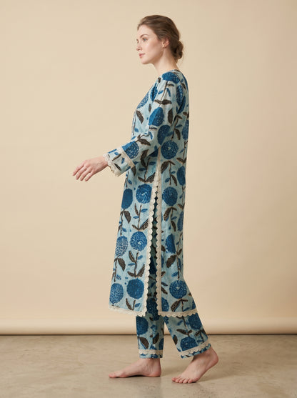 Cotton Printed Lace Work Kurti set 1025 Blue