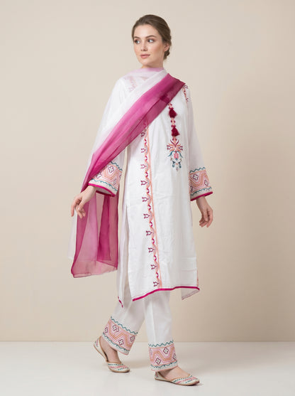 Cotton Embroidery Kurti Set With Dupatta 1026 White