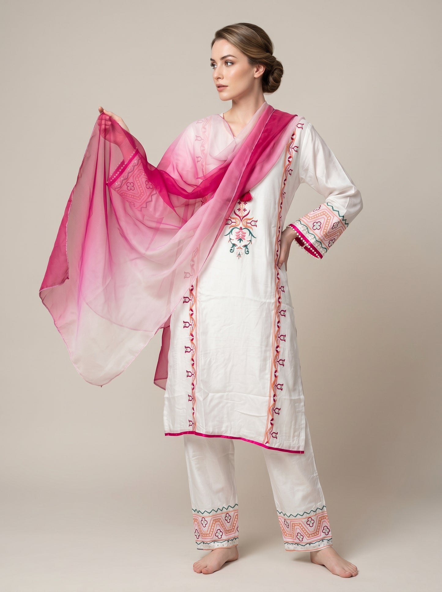 Cotton Embroidery Kurti Set With Dupatta 1026 White