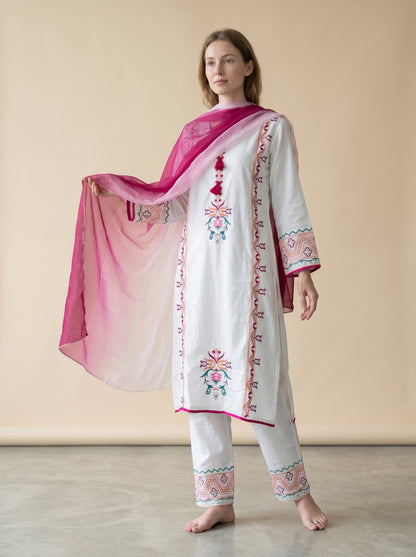 Cotton Embroidery Kurti Set With Dupatta 1026 White