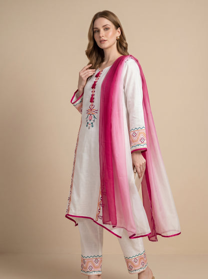 Cotton Embroidery Kurti Set With Dupatta 1026 White