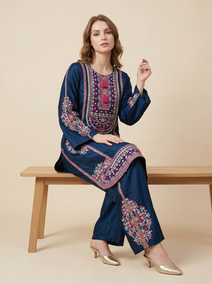 Cotton Embroidery Kurti Set 1027 Blue