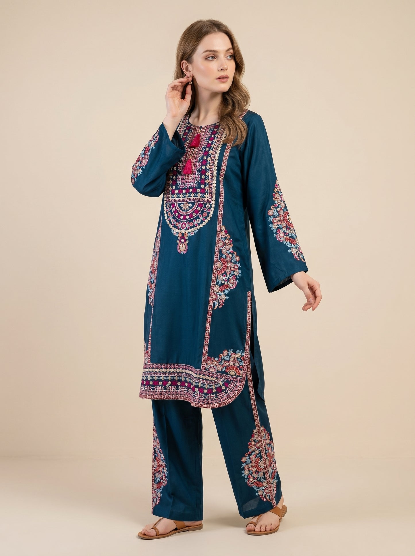 Cotton Embroidery Kurti Set 1027 Blue