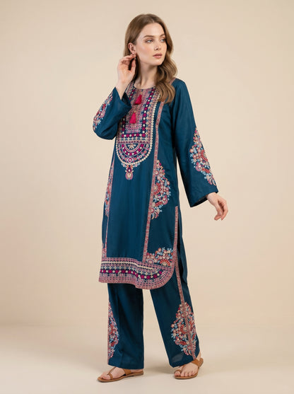 Cotton Embroidery Kurti Set 1027 Blue