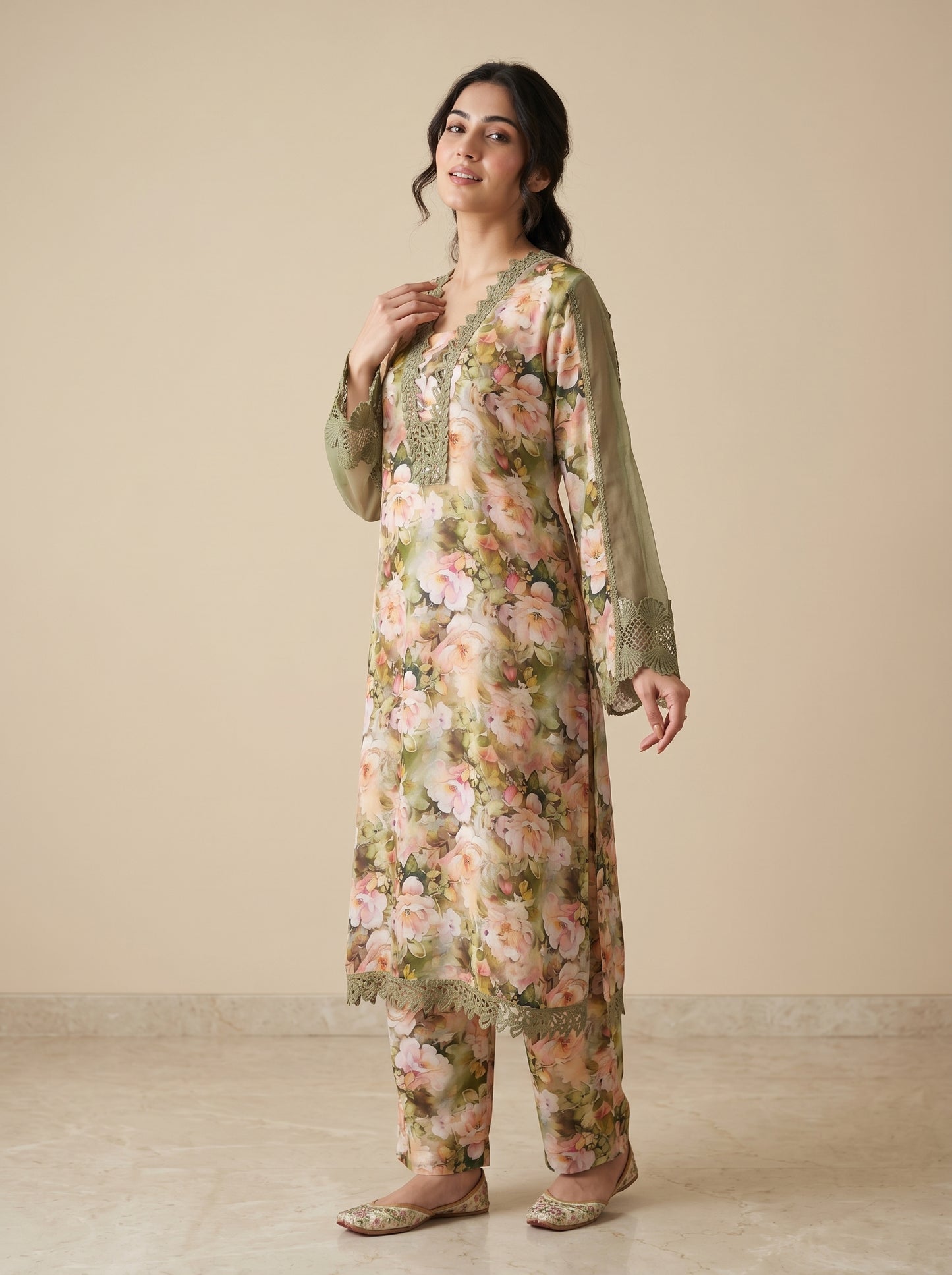 Cotton Printed Lace Work Kurti Set 1030 Green