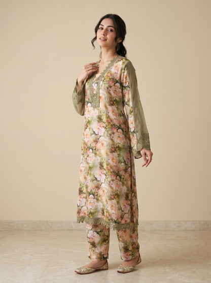 Cotton Printed Lace Work Kurti Set 1030 Green