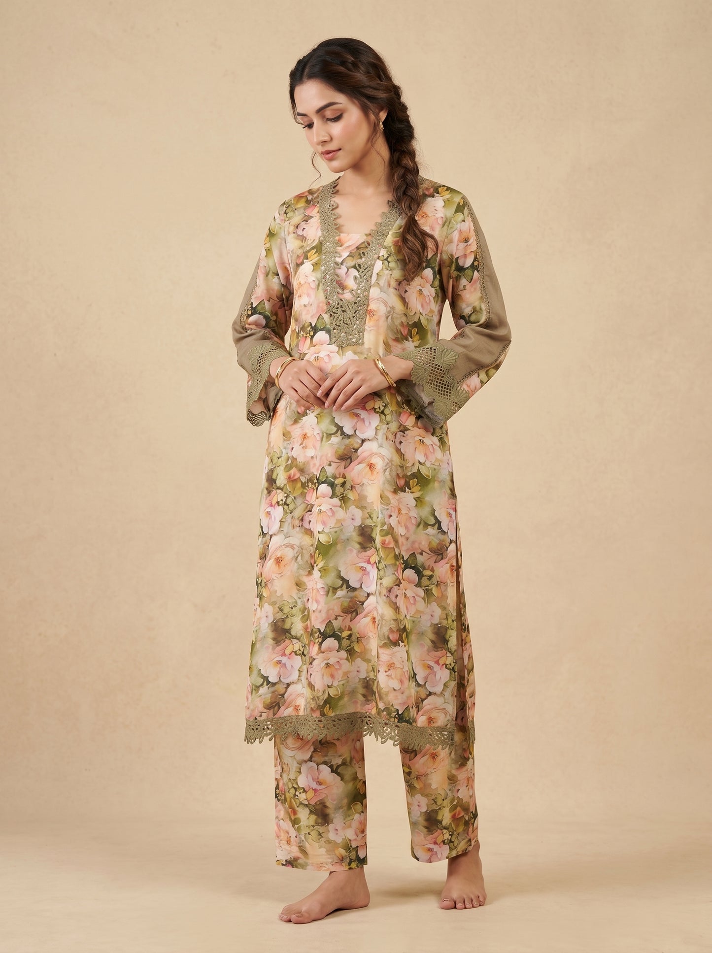 Cotton Printed Lace Work Kurti Set 1030 Green