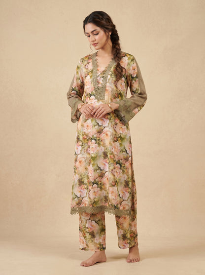 Cotton Printed Lace Work Kurti Set 1030 Green