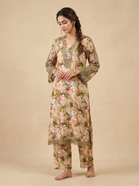 Cotton Printed Lace Work Kurti Set 1030 Green