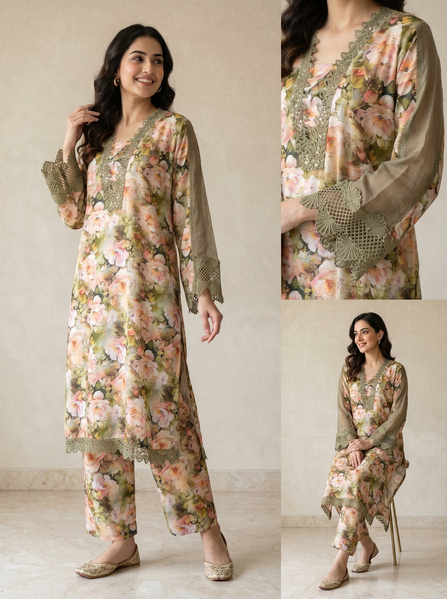 Cotton Printed Lace Work Kurti Set 1030 Green