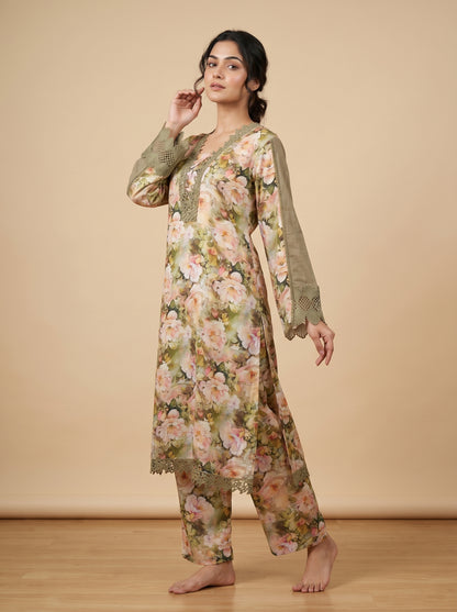 Cotton Printed Lace Work Kurti Set 1030 Green