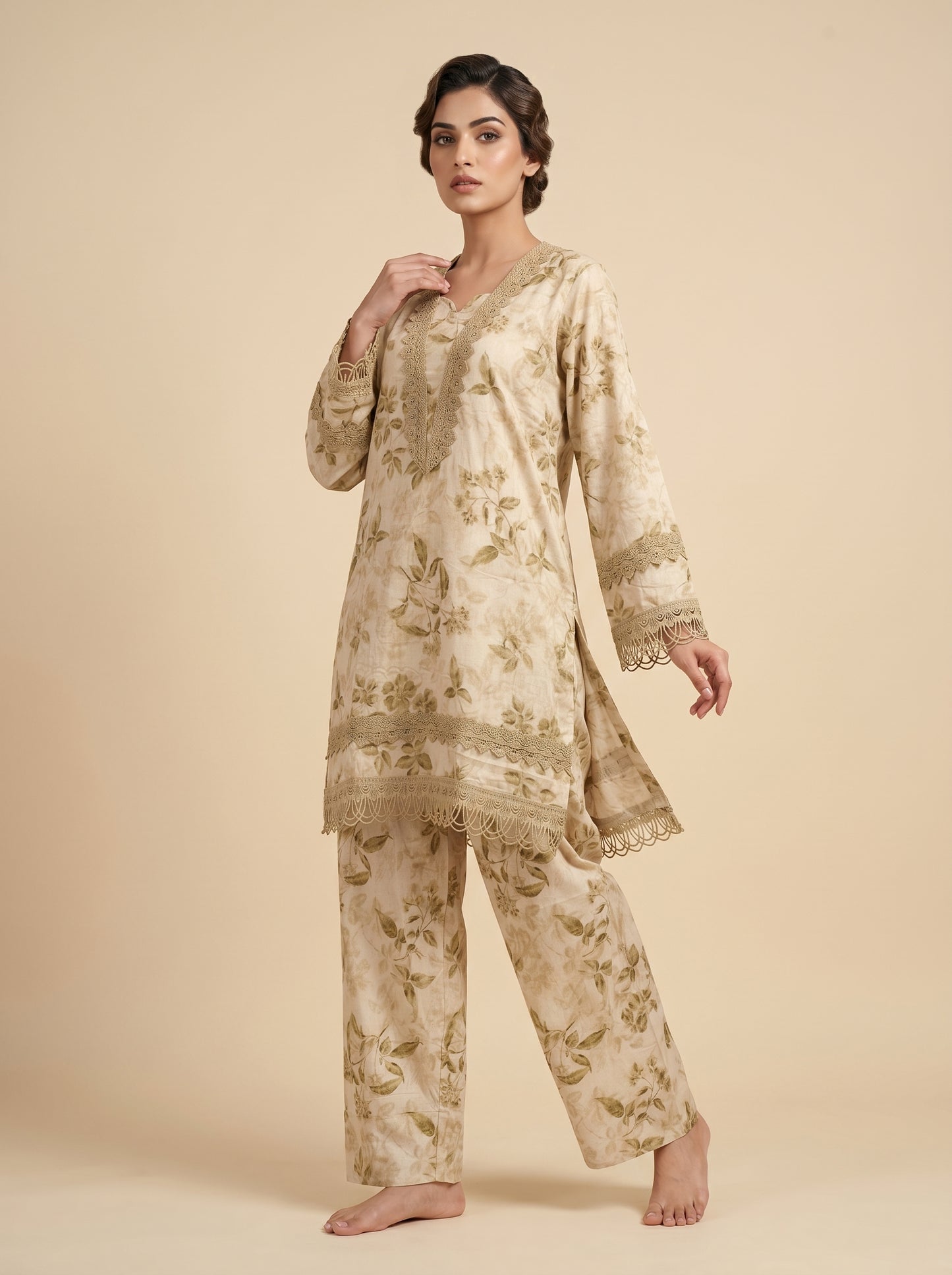 Cotton Printed Kurti Set 1031 Cream