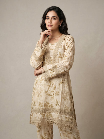 Cotton Printed Kurti Set 1031 Cream