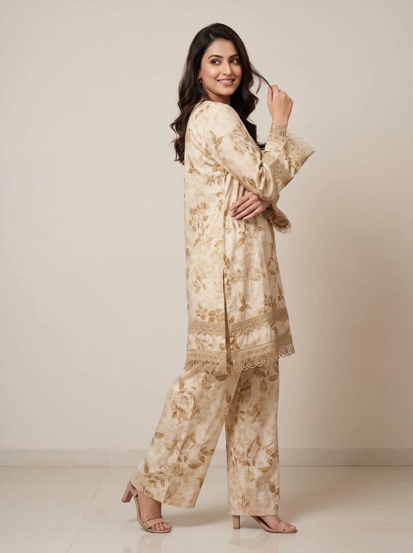 Cotton Printed Kurti Set 1031 Cream