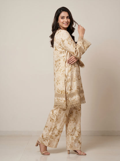 Cotton Printed Kurti Set 1031 Cream
