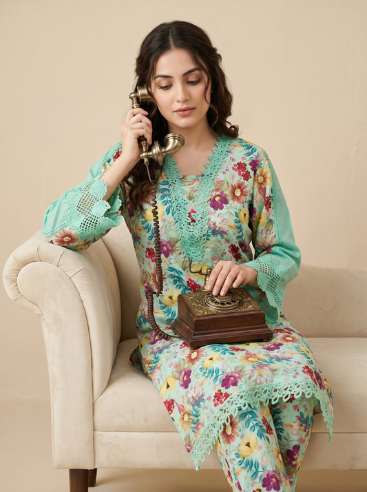 Cotton Printed Kurti Set 1032 Green