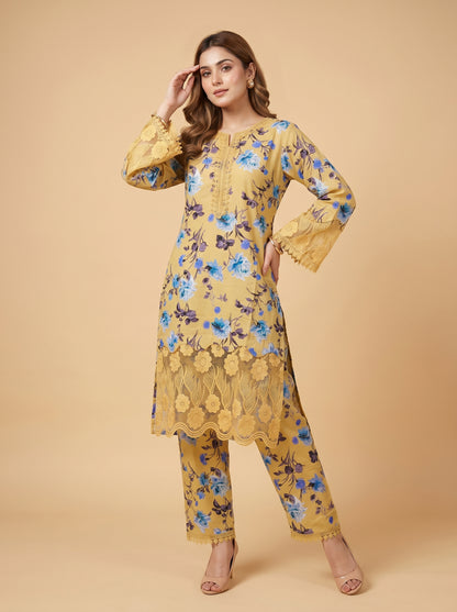 Cotton Printed Lace Work Kurti Set 1033 Yellow