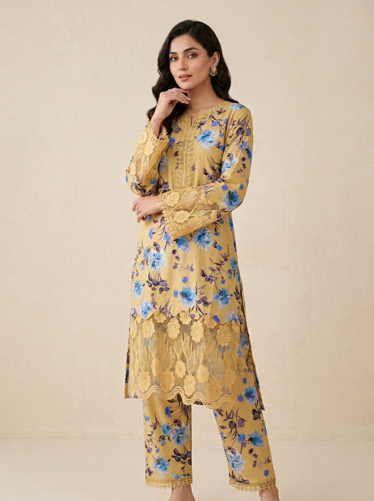 Cotton Printed Lace Work Kurti Set 1033 Yellow