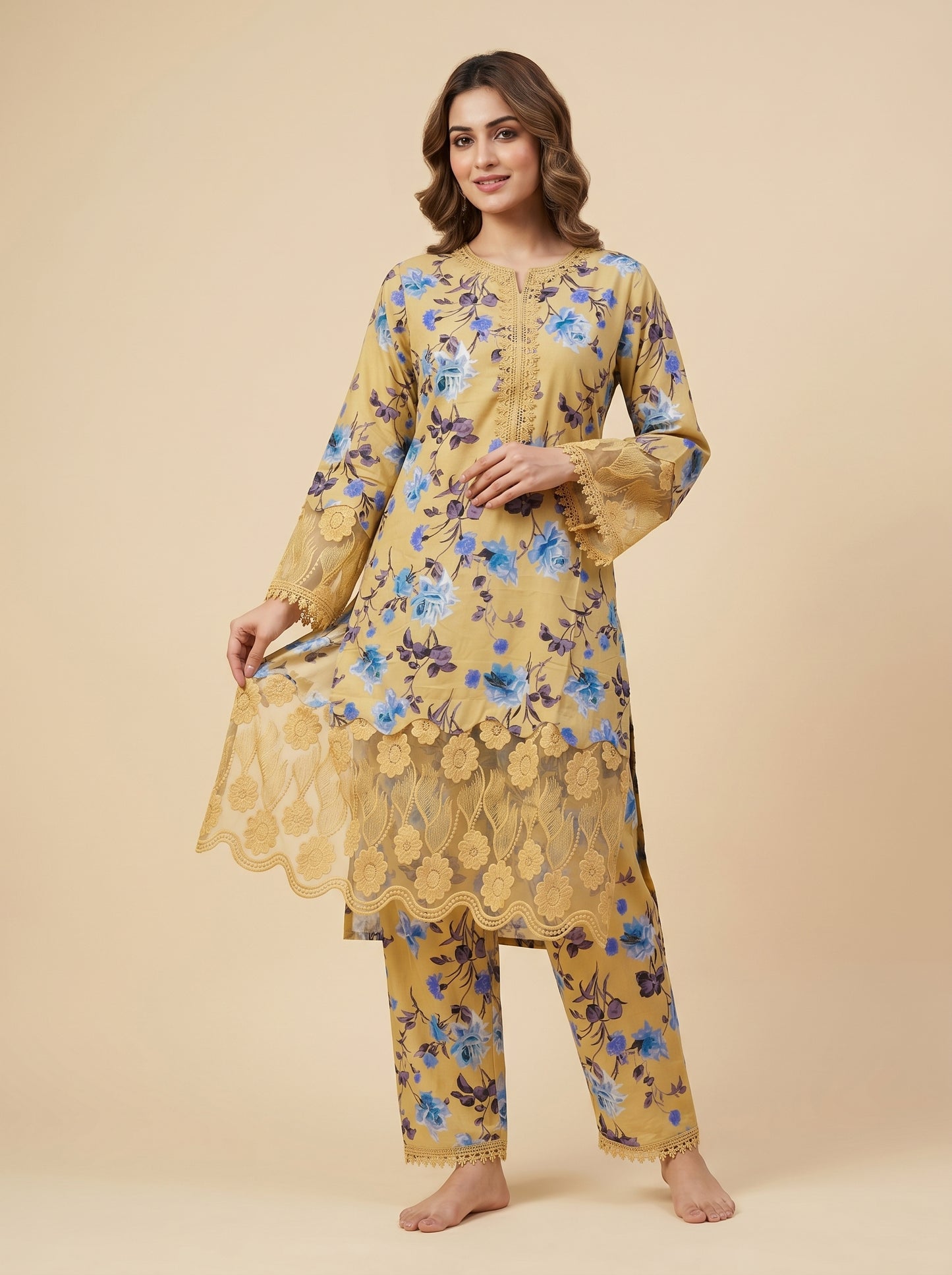 Cotton Printed Lace Work Kurti Set 1033 Yellow