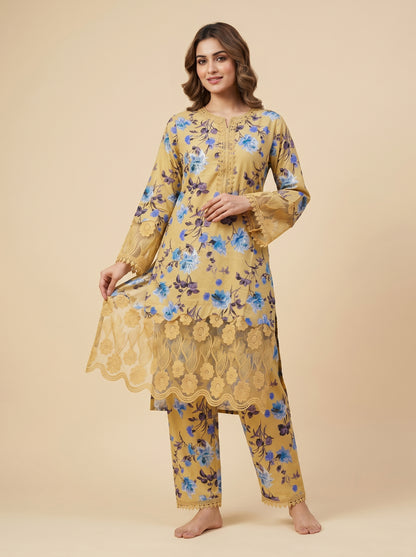 Cotton Printed Lace Work Kurti Set 1033 Yellow