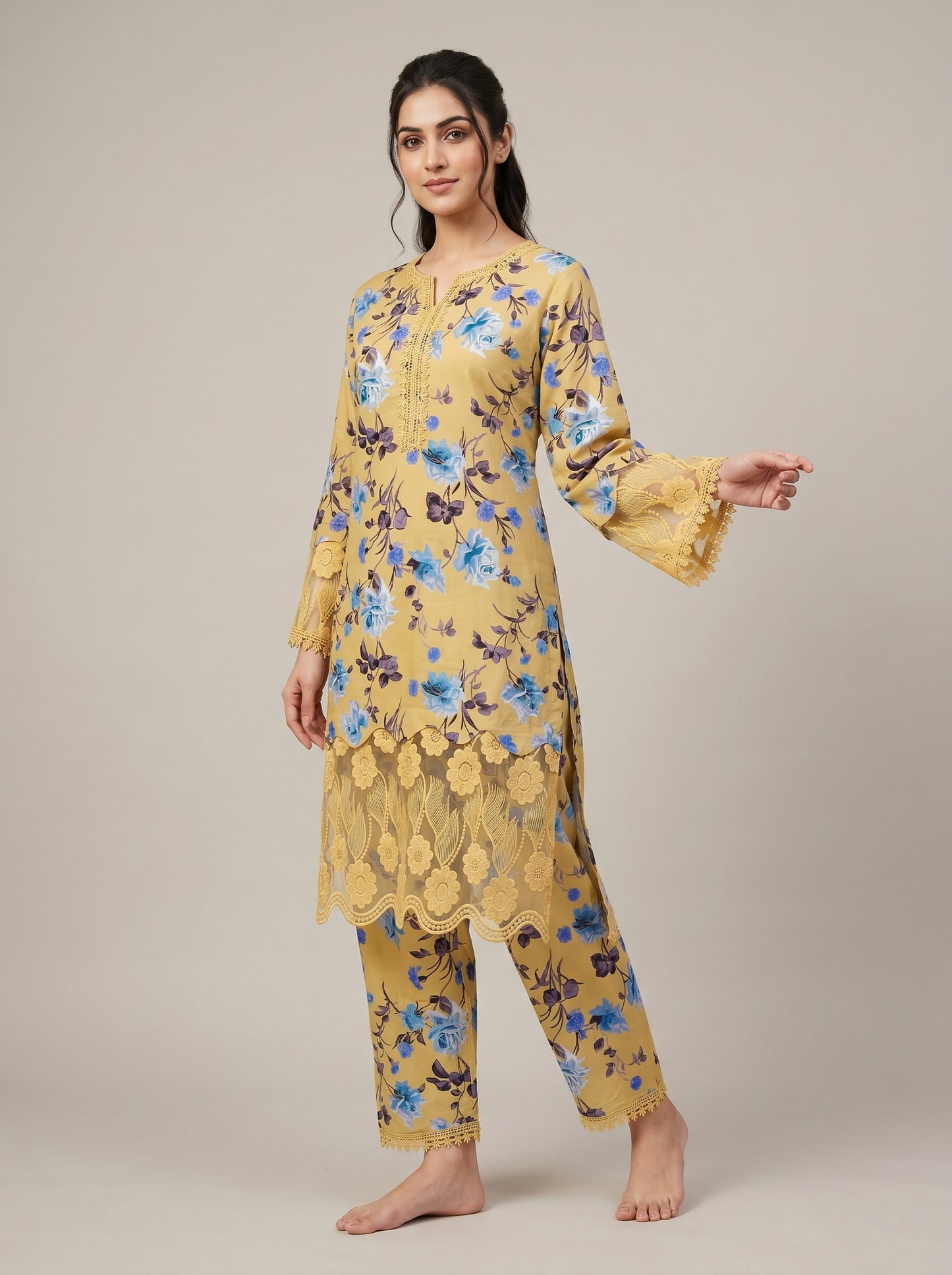 Cotton Printed Lace Work Kurti Set 1033 Yellow