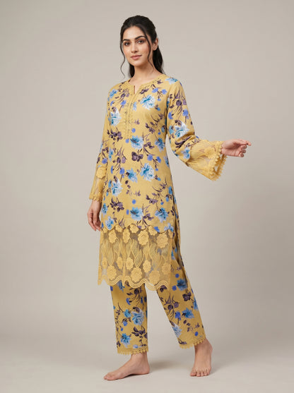 Cotton Printed Lace Work Kurti Set 1033 Yellow