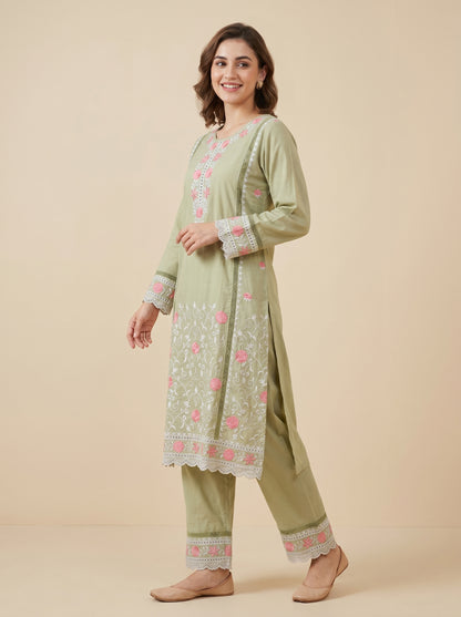 Cotton Embroidery Kurti Set 1034 Green