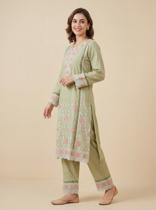 Cotton Embroidery Kurti Set 1034 Green