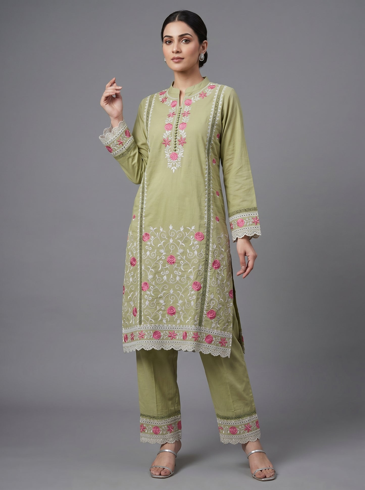 Cotton Embroidery Kurti Set 1034 Green