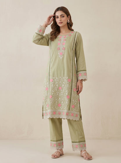 Cotton Embroidery Kurti Set 1034 Green