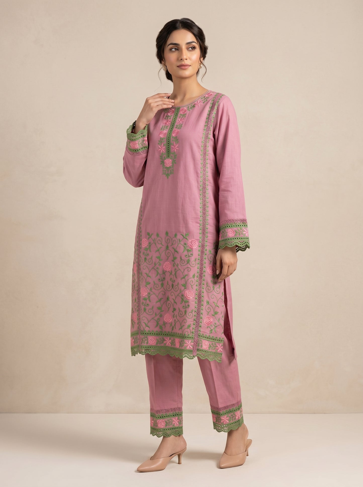 Cotton Embroidery Kurti Set 1035 Pink