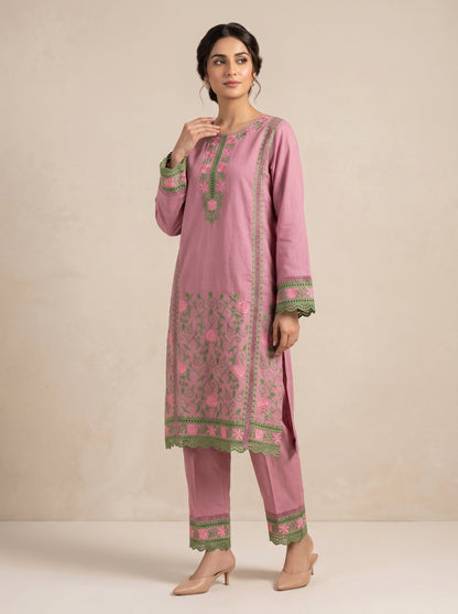 Cotton Embroidery Kurti Set 1035 Pink