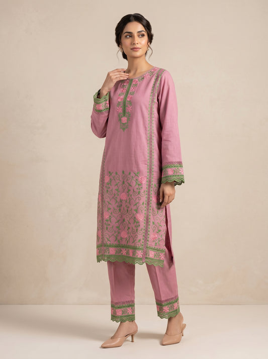 Cotton Embroidery Kurti Set 1035 Pink