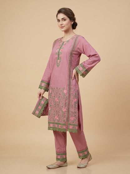 Cotton Embroidery Kurti Set 1035 Pink