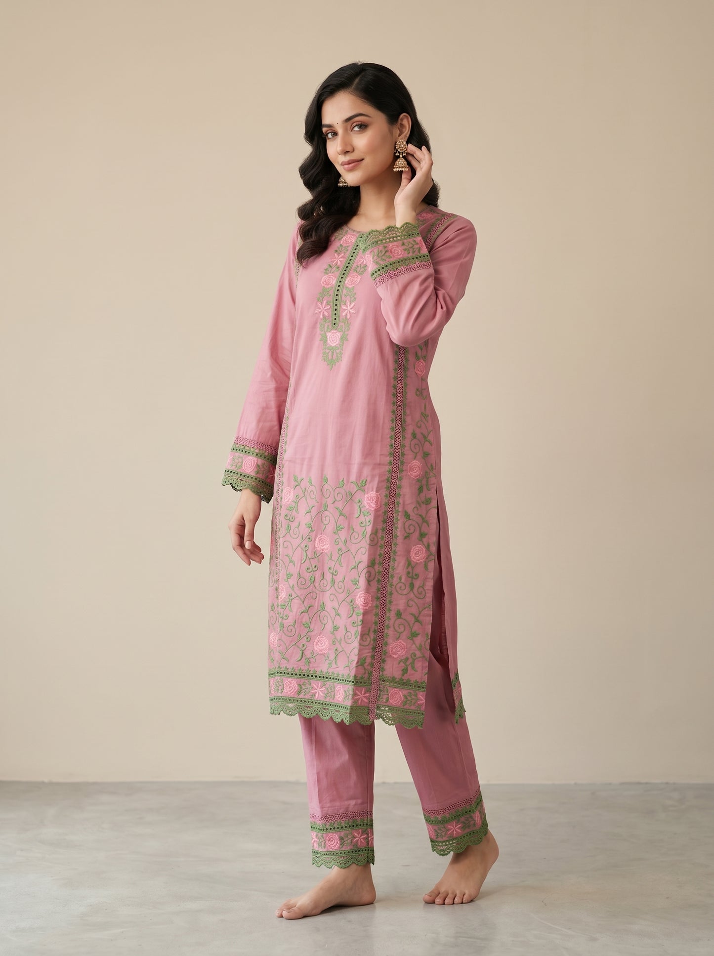 Cotton Embroidery Kurti Set 1035 Pink