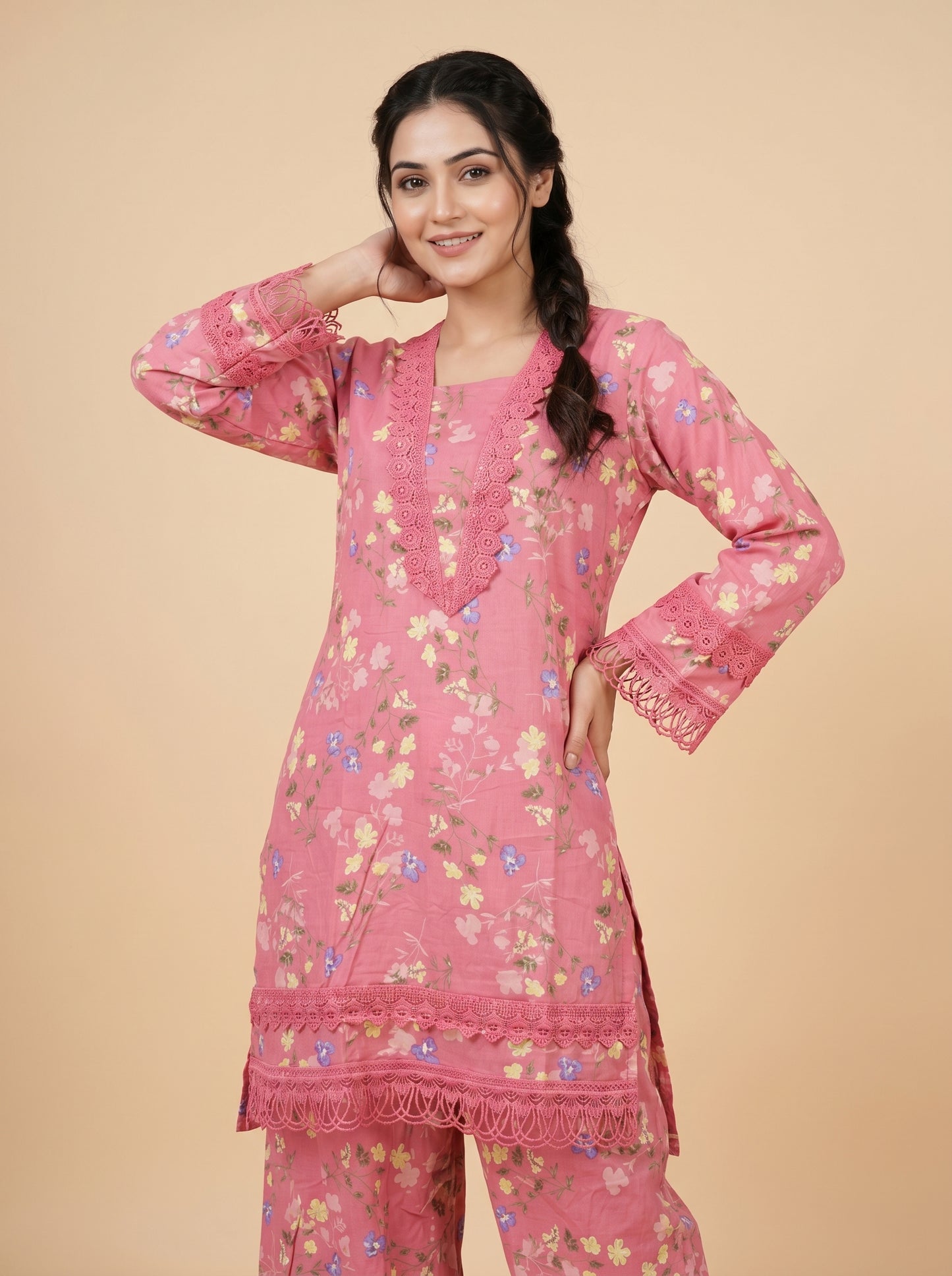 Cotton Printed Lace Work Kurti set 1036 Pink