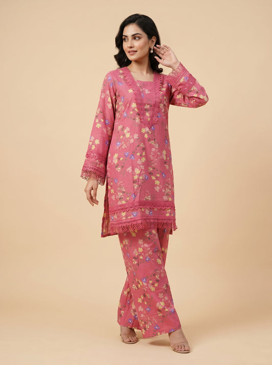 Cotton Printed Lace Work Kurti set 1036 Pink